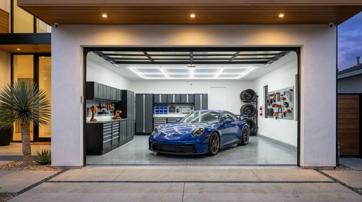 Hooker Garage Door Service Interior View of Custom Garage Door Overhead and Workshop